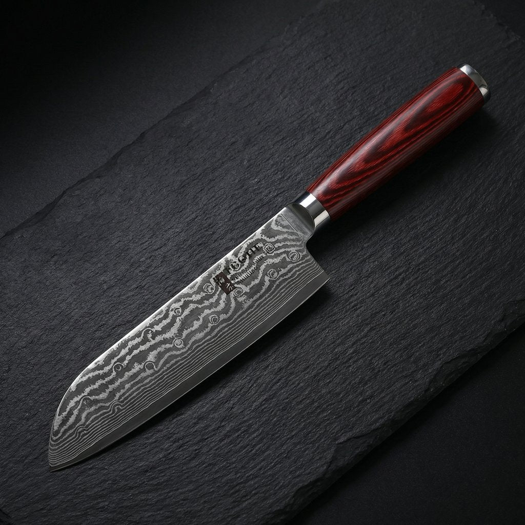 7-Inch Japanese Santoku Knife – Damascus Blade with Hardwood Handle