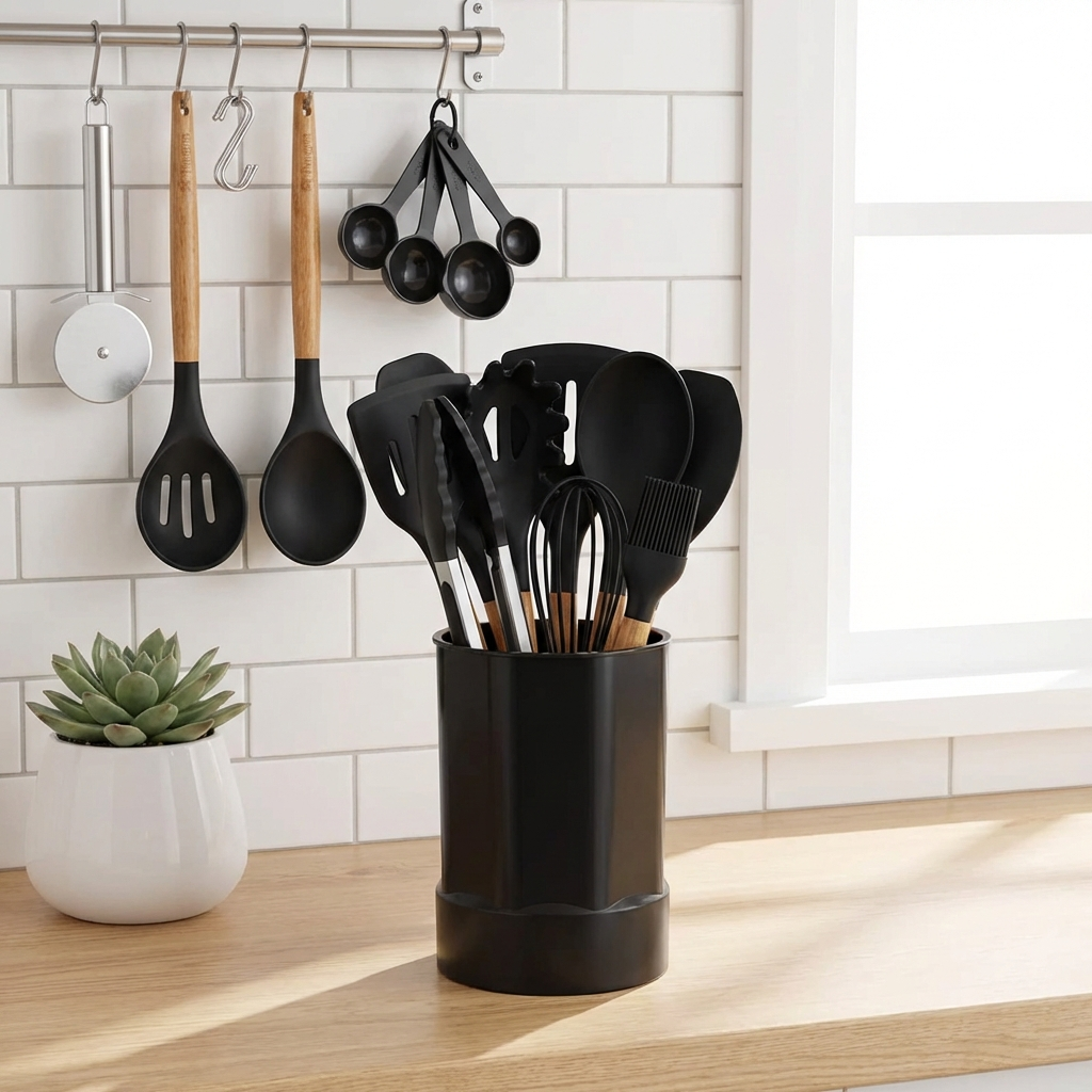 Premium 35-Piece Silicone Kitchen Utensil Set – Heat-Resistant, BPA-Free with Organizer (Black)
