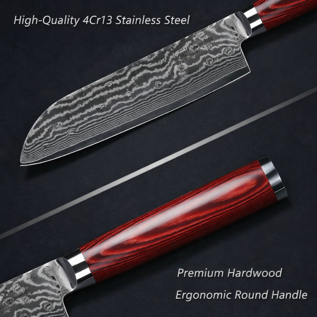 7-Inch Japanese Santoku Knife – Damascus Blade with Hardwood Handle