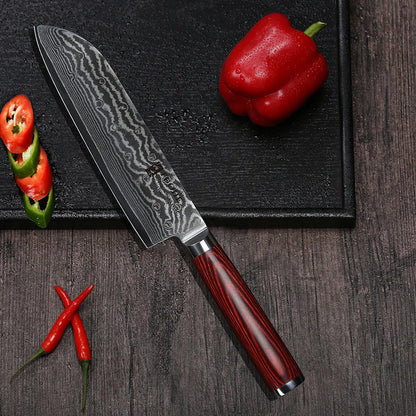 7-Inch Japanese Santoku Knife – Damascus Blade with Hardwood Handle