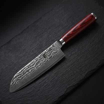 7-Inch Japanese Santoku Knife – Damascus Blade with Hardwood Handle