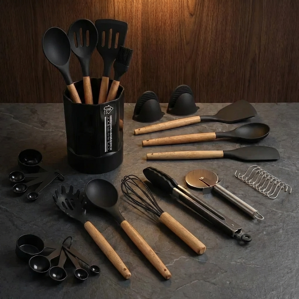 Premium 35-Piece Silicone Kitchen Utensil Set – Heat-Resistant, BPA-Free with Organizer (Black)