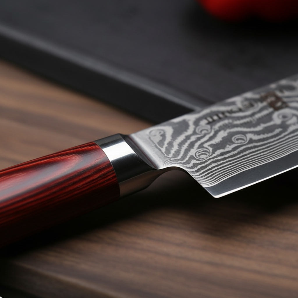 7-Inch Japanese Santoku Knife – Damascus Blade with Hardwood Handle