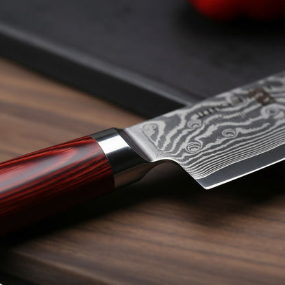 7-Inch Japanese Santoku Knife – Damascus Blade with Hardwood Handle